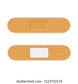 Adhesive Medical Plaster Strip Bandage. Elastic Patch for First Aid. Sticker Patch Assistance for Protection Wound, Damage. Antibacterial Sticky Bandage. Isolated Vector Illustration.