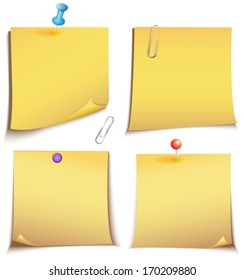 Adhesive memory Notes with pins and clip isolated on white, VECTOR 