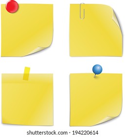 Adhesive Notes with pin, clip, magnet and scotch isolated on white