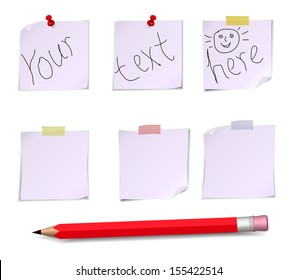 Adhesive Notes with pin and pencil isolated on white