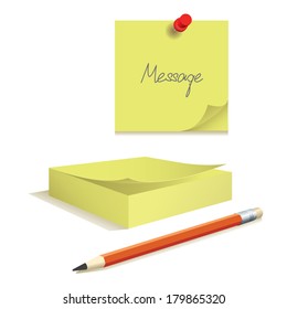 Adhesive Notes with pin and pencil. Vector illustration