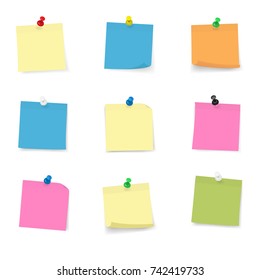 Adhesive Notes with push pin collection, multi colored vector illustration, isolated on White Cut out