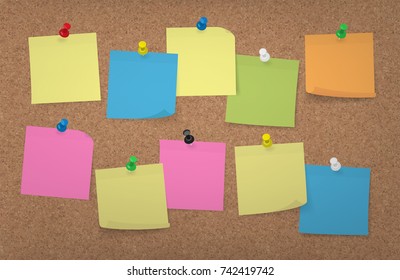 Adhesive Notes with push pins on a large Cork Board Background, multi colored vector illustration