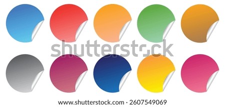 Adhesive paper stickers circle with rounded edges adhesive, color round stickers with peeling corner, isolated rounded plastic mockup, set round paper curved corner