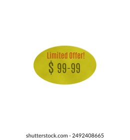 Adhesive paper yellow oval shape price tag vector icon. Blank of best price label with limited offer inscription. Sticker of special offers and discounts. Minimalist glued coupon design