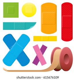 Adhesive plaster set - colorful collection of medical first aid objects - isolated vector illustration on white background.