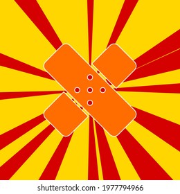 Adhesive plaster symbol on a background of red flash explosion radial lines. A large orange symbol is located in the center of the sunrise. Vector illustration on yellow background