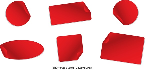 Adhesive red rectangular, round, and oval stickers with smooth edges, featuring a peeling corner effect and shadow. Includes mockups with rounded corners for a sleek, polished appearance.