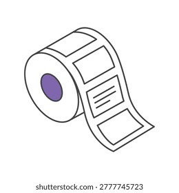 Adhesive sticker roll isometric line icon for warehouse packaging. Clean isometric line icon of an adhesive label roll with purple core for thermal printers and product packaging. Simple graphic on a white background.