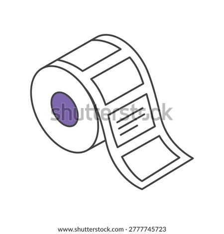 Adhesive sticker roll isometric line icon for warehouse packaging. Clean isometric line icon of an adhesive label roll with purple core for thermal printers and product packaging. Simple graphic on a white background.
