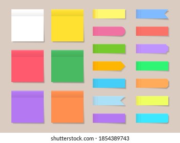 Pegatinas adhesivas y hojas de color en blanco con cuadrados de rejilla y líneas. Páginas vacías de vectores