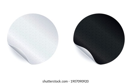 Adhesive stickers. Realistic empty sticky labels or price tags set with shadow. Blank round mock up with curved corner. Black and white