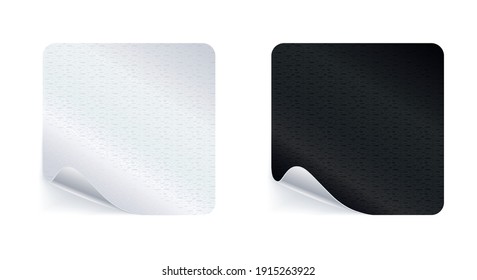 Adhesive stickers. Realistic empty sticky labels or price tags set with shadow. Blank square mock up with curved corner. Black and white