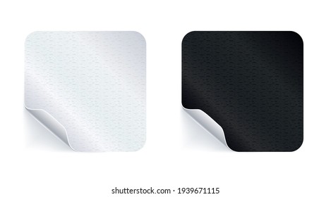 Adhesive stickers. Realistic empty sticky labels or price tags set with shadow. Blank square mock up with curved corner. Black and white