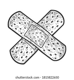 adhesive sticking medical bandage plaster cross sketch engraving vector illustration. T-shirt apparel print design. Scratch board imitation. Black and white hand drawn image.