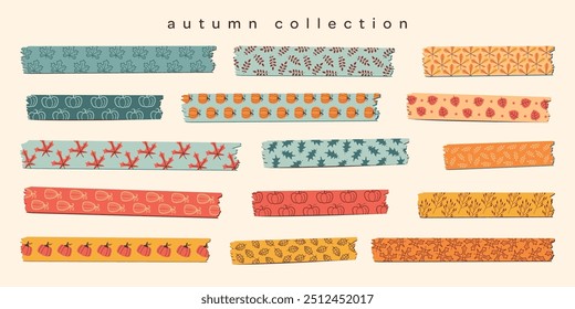 Adhesive strips for album. Strips of scotch for collage. Autumn design elements set in trendy vintage style. Flat vector illustration.
