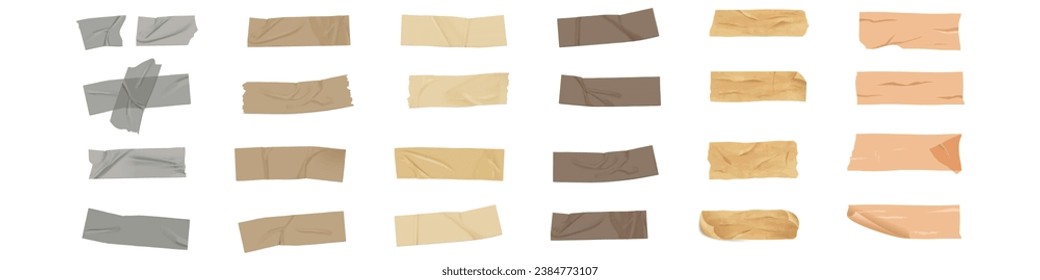 Adhesive tape of different shapes and lengths, wrinkled, torn, crooked. Mockup for overlay, tear effect isolated on white background