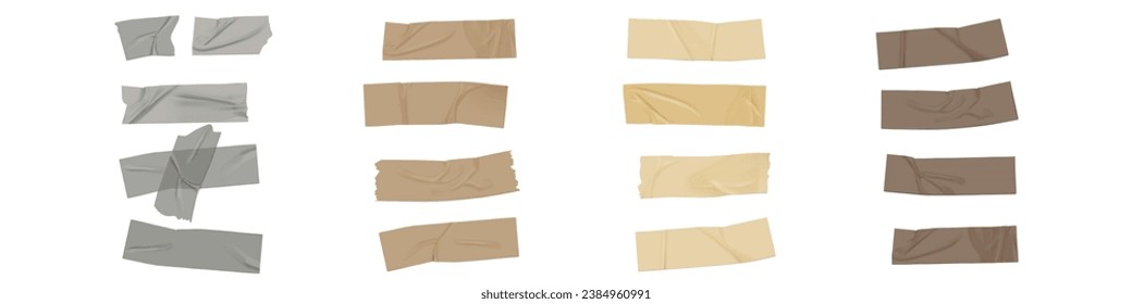 Adhesive tape of different shapes and lengths, wrinkled, torn, crooked. Mockup for overlay, tear effect isolated on white background