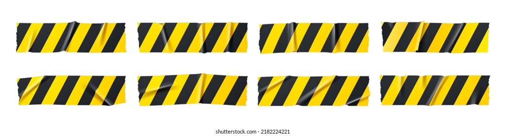 Adhesive tape pieces with black and yellow stripes. Vector realistic set of 3d ripped sticky warning ribbon for police barrier, construction band, caution label isolated on white background