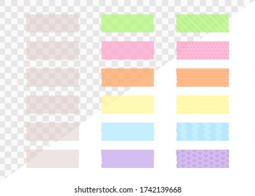 Adhesive tape pieces on transparent background in flat style - grey, colorful and patterned decorative sticky stripes. Vector illustration of scotch tape of various colors and patterns for decoration.