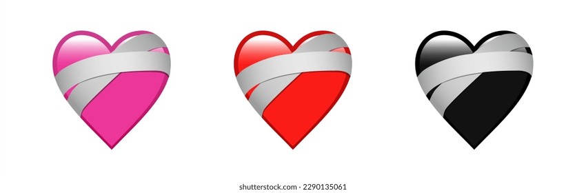 Adhesive tape. Red heart emojis. Healing. Vector set.
