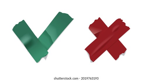 Adhesive tape signs for yes and no set. Red cross and green tick symbol in sticky duct paper strips, cuts, textured and glued vector illustration. Realistic image on white background.