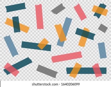 Adhesive tape, sticky paper stripes. Colorful stripes and pieces of duct paper, or washi paper. Transparent duct tape in different shapes. Vector
