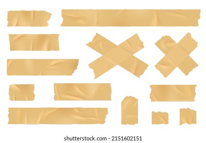 Adhesive tape. Strip tapes, band stickers. Old beige glue strips on paper. Isolated realistic scotch pieces, torn bandage mockup exact vector set