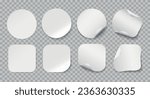 Adhesive white sticker set. 3d blank paper round and square stickers with peeling corners, vector clean rounded plastic sticky labels mockup signs isolated on transparent