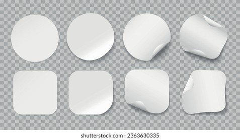 Adhesive white sticker set. 3d blank paper round and square stickers with peeling corners, vector clean rounded plastic sticky labels mockup signs isolated on transparent