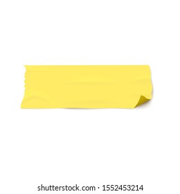 Adhesive wide yellow tape torn piece pasted on a white surface 3d realistic vector illustration isolated on white background. Sticky repair scotch or medicine bandage.