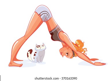 Adho Mukha Svanasana pose. Girl and cat do yoga. Pet watching the action of its owner. Kitten distracts person from working. Funny cartoon character. Vector illustration. Isolated on white background