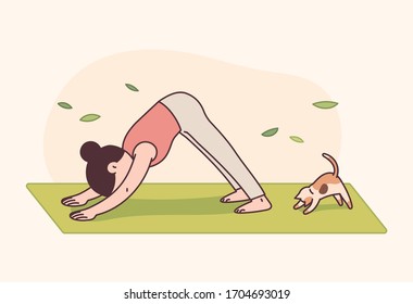 Adho Mukha Svanasana. A woman and a cat in a downdog yoga pose. Cute hand drawn illustration.