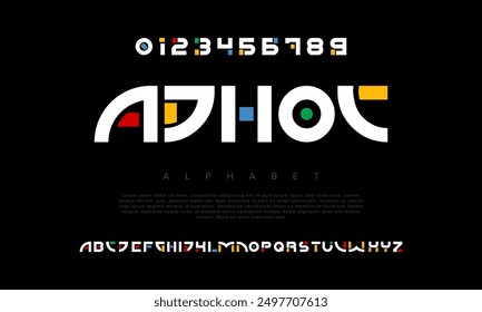 Fuente de alfabeto urbano geométrico moderno creativo adhoc. Digital abstracto futurista, juego, techno, robot, música, logotipo, deporte, tipografía de tecnología mínima. Ilustración vectorial numérica simple