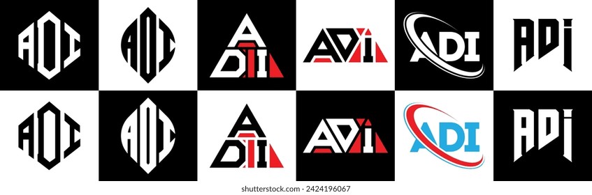 Diseño de logotipo de letras ADI en seis estilos. polígono ADI, círculo, triángulo, hexágono, estilo plano y sencillo con el logotipo de la letra de variación en color blanco y negro en un tablero de dibujo. logotipo de ADI minimalista y clásico