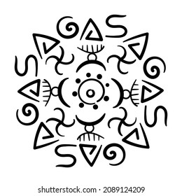 Adinkra Symbols . Round vector illustration with ancient tribal ethnic symbols. Ritual screen printing of African. Artistic hand painting