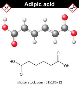 Adipic acid chemical formula, organic compound for nylon production and food additeve E355, 2d and 3d vector illustration on white background, eps 10