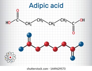 Adipic acid or hexanedioic, dicarboxylic acid molecule. It is food additive E355, also is used as precursor for the production of nylon.  Sheet of paper in a cage.

