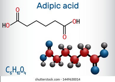Adipic acid or hexanedioic, dicarboxylic acid molecule. It is food additive E355, also is used as precursor for the production of nylon. Structural chemical formula and molecule model. Vector 