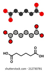 Adipic acid nylon building block molecule. Monomer used in production of nylon polyamide polymer. Stylized 2D renderings and conventional skeletal formula.