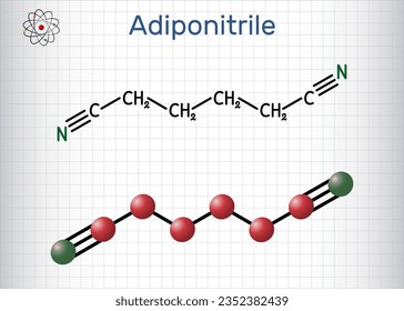 Adiponitrile molecule. It is precursor to the polymer nylon 66. Sheet of paper in a cage. Structural chemical formula, molecule model. Vector illustration