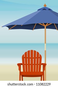 Adirondack Chair and Market Umbrella at beach; Chair and Umbrella are complete. Easy-edit layered file.