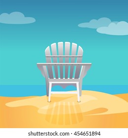 Adirondack Chair On The Sea Beach Standing On The Yellow Sand Under The Blue Cloudy Sky, Vector Flat Illustration