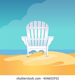 Adirondack chair on the sea beach standing on the yellow sand under the blue cloudy sky, Vector flat illustration