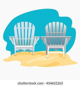 Adirondack chair standing on the yellow sand under the blue sky, Vector flat illustration