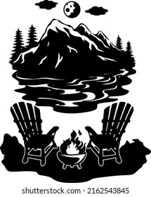 Adirondack Chairs vector, Lake Scene, Campfire, Mountain, Summer, Camping Cabin