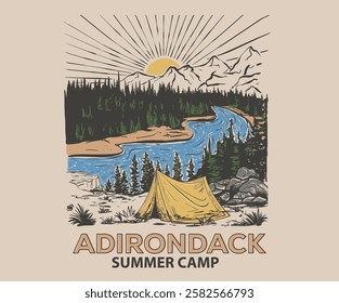 Adirondack Mountains. The great outdoor. Take a hike vector print design. Wild lake artwork for posters, stickers, background and others. Outdoor vibes illustration. Mountain camping art.