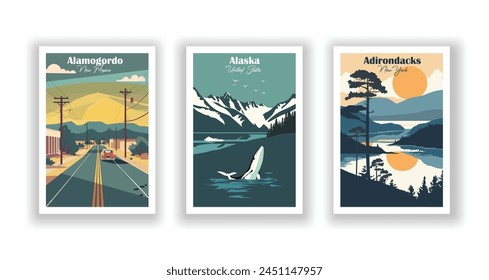 Adirondacks, Neu York, Alamogordo, Neu Mexiko, Alaska, Vereinigte Staaten - Klassisches Reiseplakat. Vektorillustration. Qualitativ hochwertige Ausdrucke