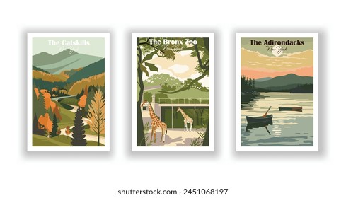 The Adirondacks, Neu York, The Bronx Zoo, Neu York, Catskills, Neu York - Klassisches Reiseplakat. Vektorillustration. Qualitativ hochwertige Ausdrucke