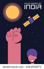 Aditya against the backdrop of an Indian guy who raised his fist in the air. Satellite going towards the Sun. Indian space mission. Flat vector illustration.